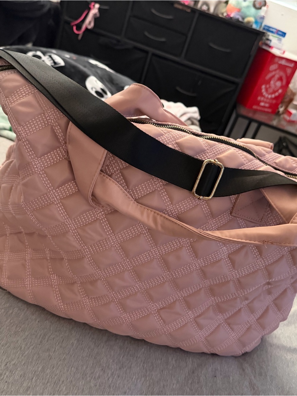 Quilted Pink Carryall Tote Bag with Adjustable Strap